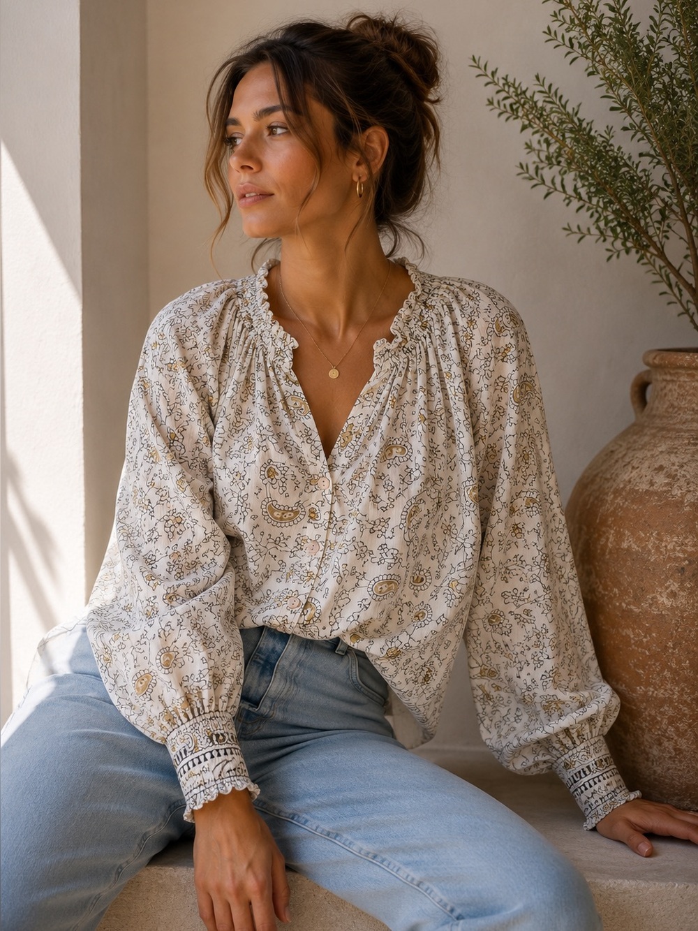 Cleobella Organic Cotton Artisan Print Boho Prairie Blouse Cottagecore Peasant S